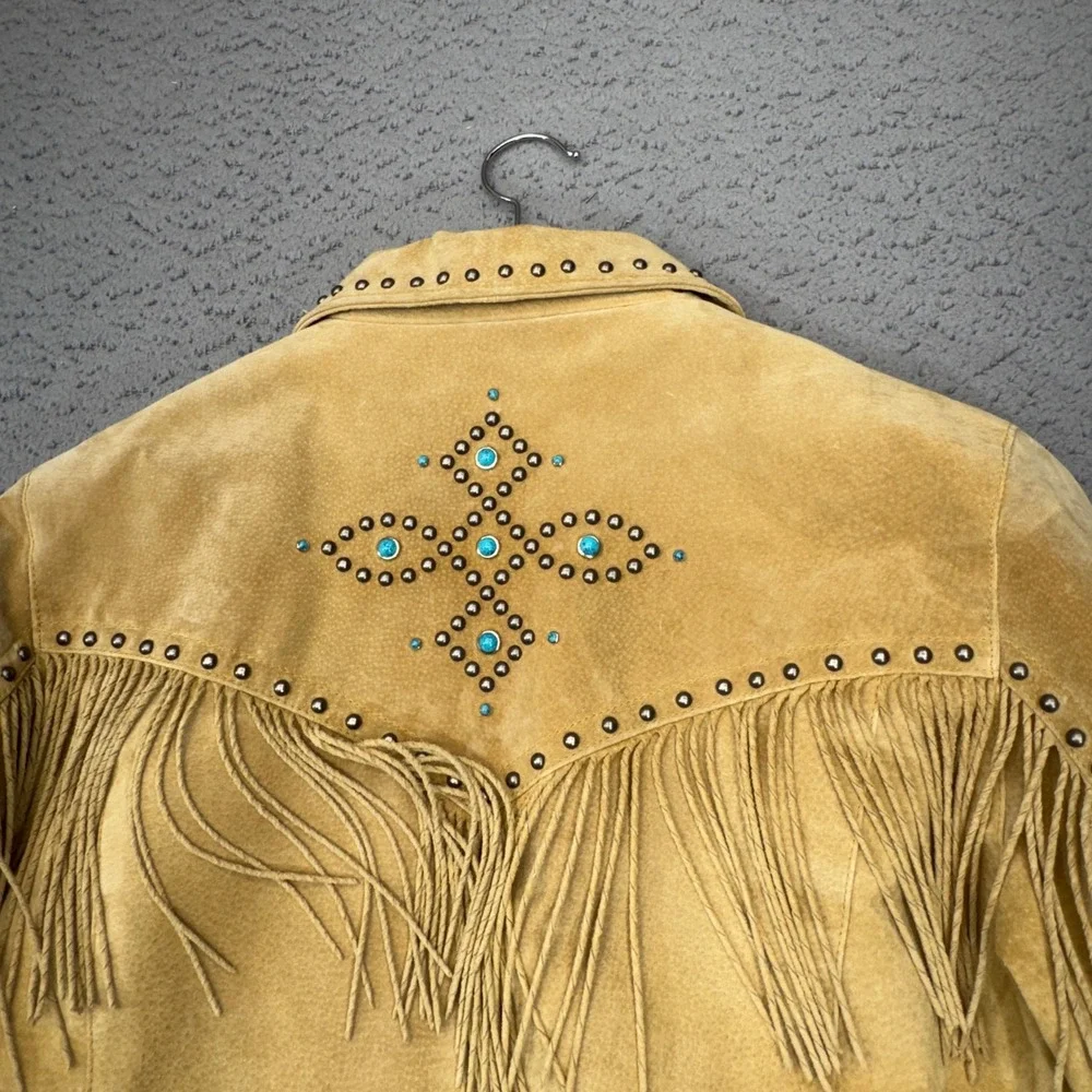 Scully Leather Fringe Jacket Womens XL Tan Suede Studded Turquoise Western Boho